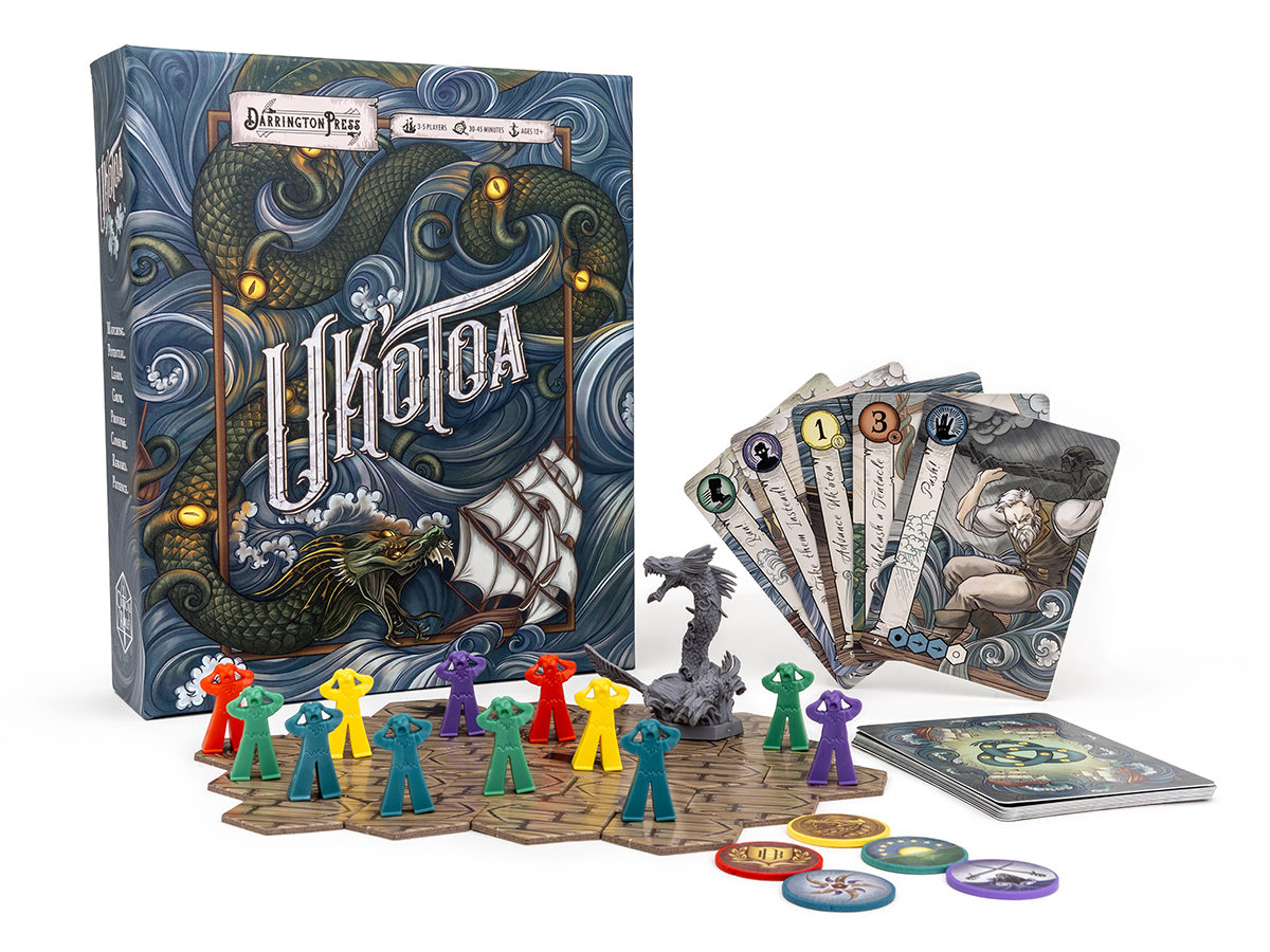 The Uk'otoa board game, displayed with box, hexes, meeples, faction tiles, and cards.
