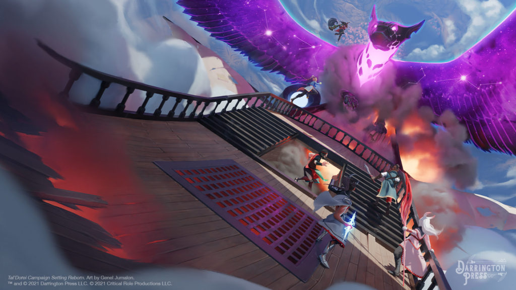 The deck of an airship flying through the clouds above Tal'Dorei with an adranach attacking the helm and fiery explosions happening on board. Five adventurers are on the deck of the airship facing the adranach and a sixth is leaping to attack them. The adranach is a large, purple, luminiscent winged creature with a silver mask, silver-taloned front paws, and stars glittering in its wings. Art by Genel Jumalon.