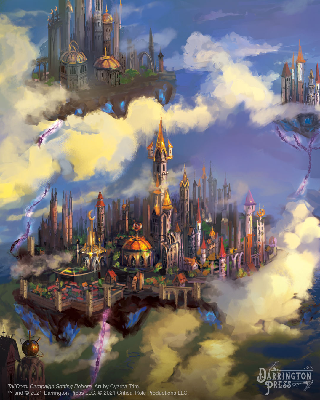 A large city consisting of many skyscrapers, floating in the sky among the clouds on four pieces of land. Three outer city pieces are all connected by chains illuminated in magical energy to the largest piece of the city in the center. Blue crystals are seen embedded underneath the city. Art by Cyarna Trim.