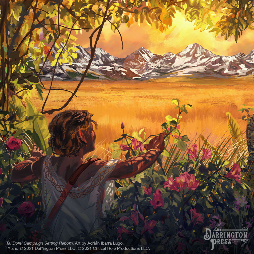 The back of a young elven boy wearing a white tunic standing in a bush of pink and purple flowers under a forest grove. They are looking out onto a plain bathed in sunlight at the base of a mountain range in the horizon. Art by Adrián Ibarra Lugo.
