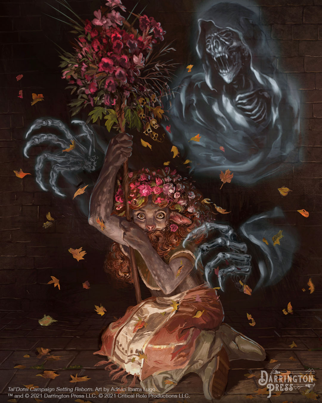A brown firbolg with long curly brown-red hair adorned with pink and red flowers. She is wearing a pink and white skirt, sitting on a tiled floor holding a staff of pink and red flowers with leaves falling from it. Behind her is a wraith with their mouth open, and two large skeletal hands on either side of her. Art by Adrián Ibarra Lugo.