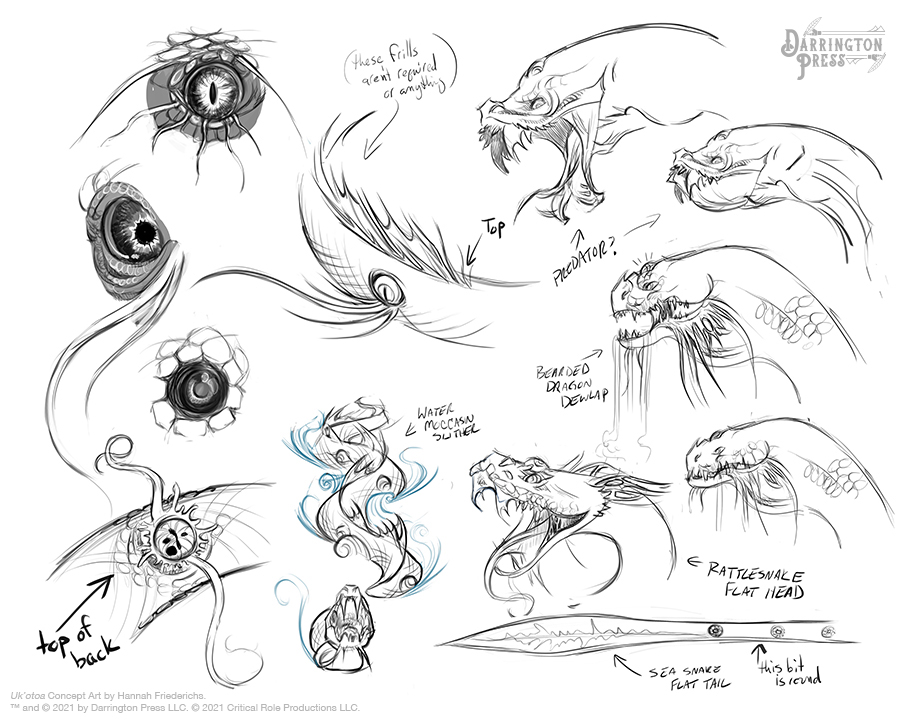 A sketch sheet of anatomical details for a potential sea leviathan to represent our character Uk'otoa.