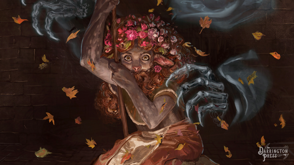 A brown female firbolg with long, curly brown-red hair adorned with pink and red flowers. She wears a pink and white skirt as she sits frightened on a wooden floor, holding a staff of pink and red flowers with leaves falling from it. Behind her is a wraith, their fanged mouth wide open, its two large skeletal hands reaching for her on both sides.