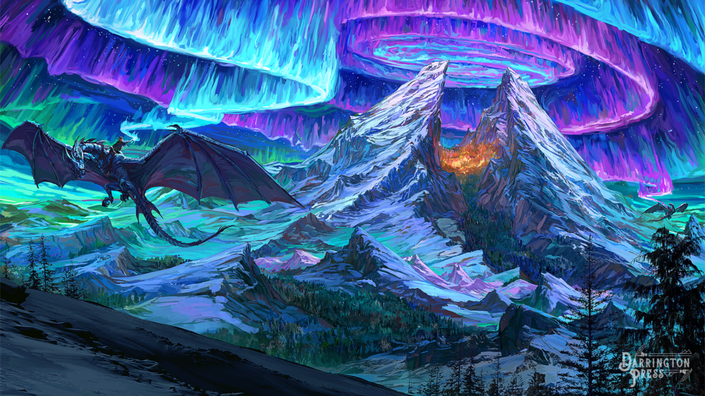 A jagged, icy mountain peak looms over a barren, frozen valley as a beautiful, glowing borealis of purple, blue and green twists around itself. In the foreground, a figure in shadow rides a wyvern, twisting the borealis behind them like playing with ribbon.