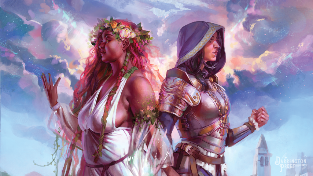 Two goddesses, the Wildmother and the Lawbearer, stand large over a beautiful scene - a pastoral landscape on the left, a gleaming marble city on the right. The Wildmother is a Black woman with long, vibrant red hair, a flower crown upon her head and a sleevless white gown growing out of the nature around her. The Lawbearer is a white woman in dark blue robes and a breastplate of silver and gold. Their hands are lovingly intertwined. 