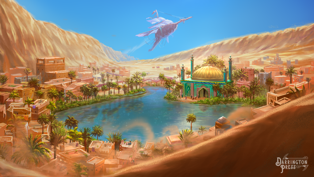 A town in the desert surrounding a blue oasis between large sand dunes. In the foreground two individuals are looking out at the city as a purple airship passes overhead. 