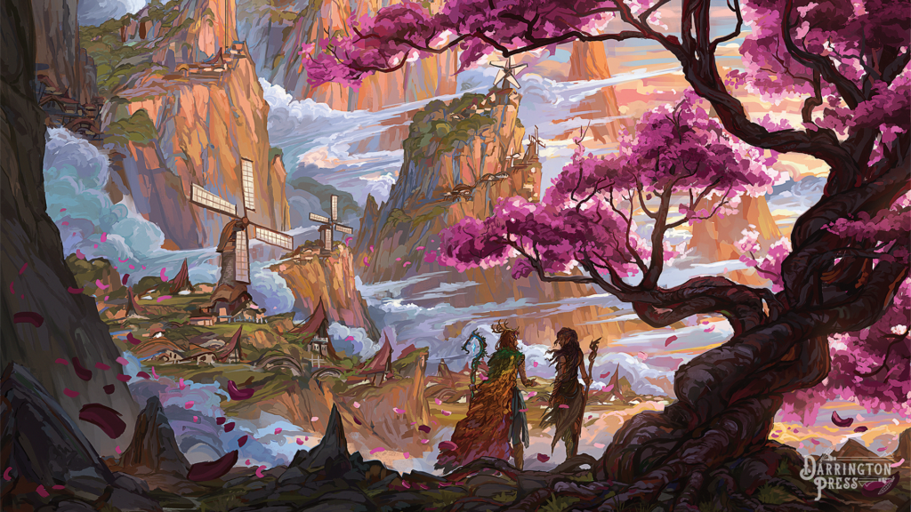 The landscape of Zephrah: A village among the clouds on grassy, spiralling mountain peaks. There is a tall, purple leafed tree in the foreground with the druid Keyleth and her mother Vilya holding staffs, conversing underneath it as they look at the village. Two individuals on skysails fly overhead.