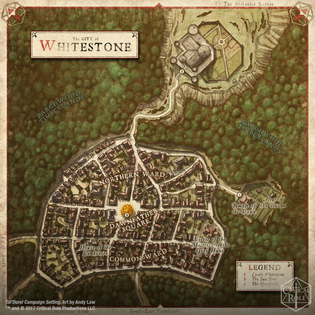 A final illustration of the city of Whitestone from the original Tal'Dorei Campaign Setting, with woods surrounding a walled city.