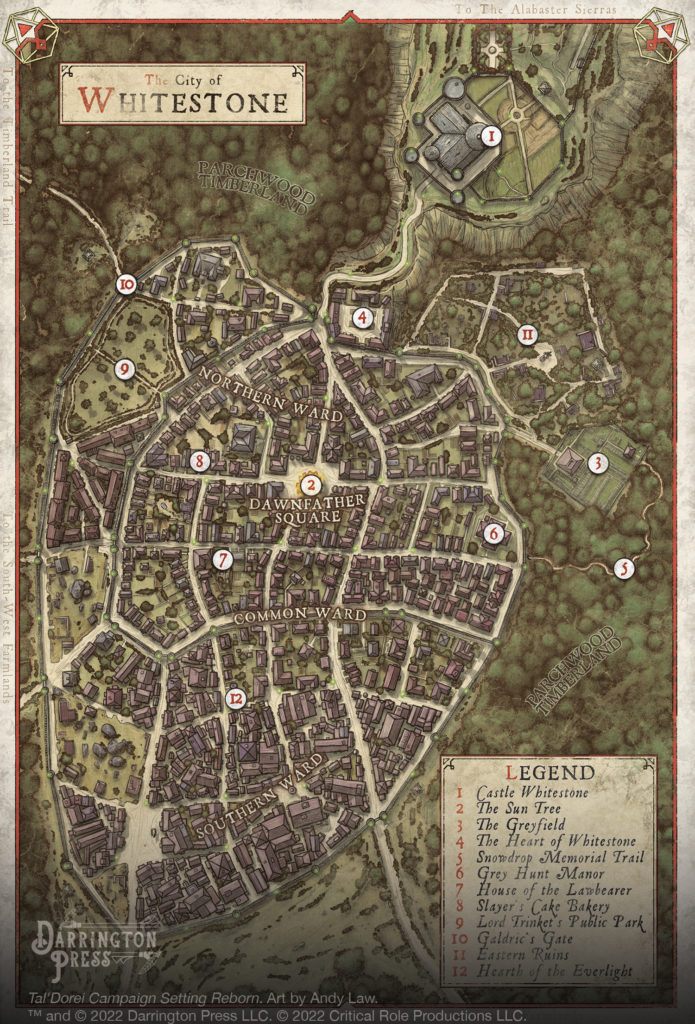 A map of the city of Whitestone, with Castle Whitestone at the northernmost point of the city. The outer walls of Whitestone surrounded by forest.