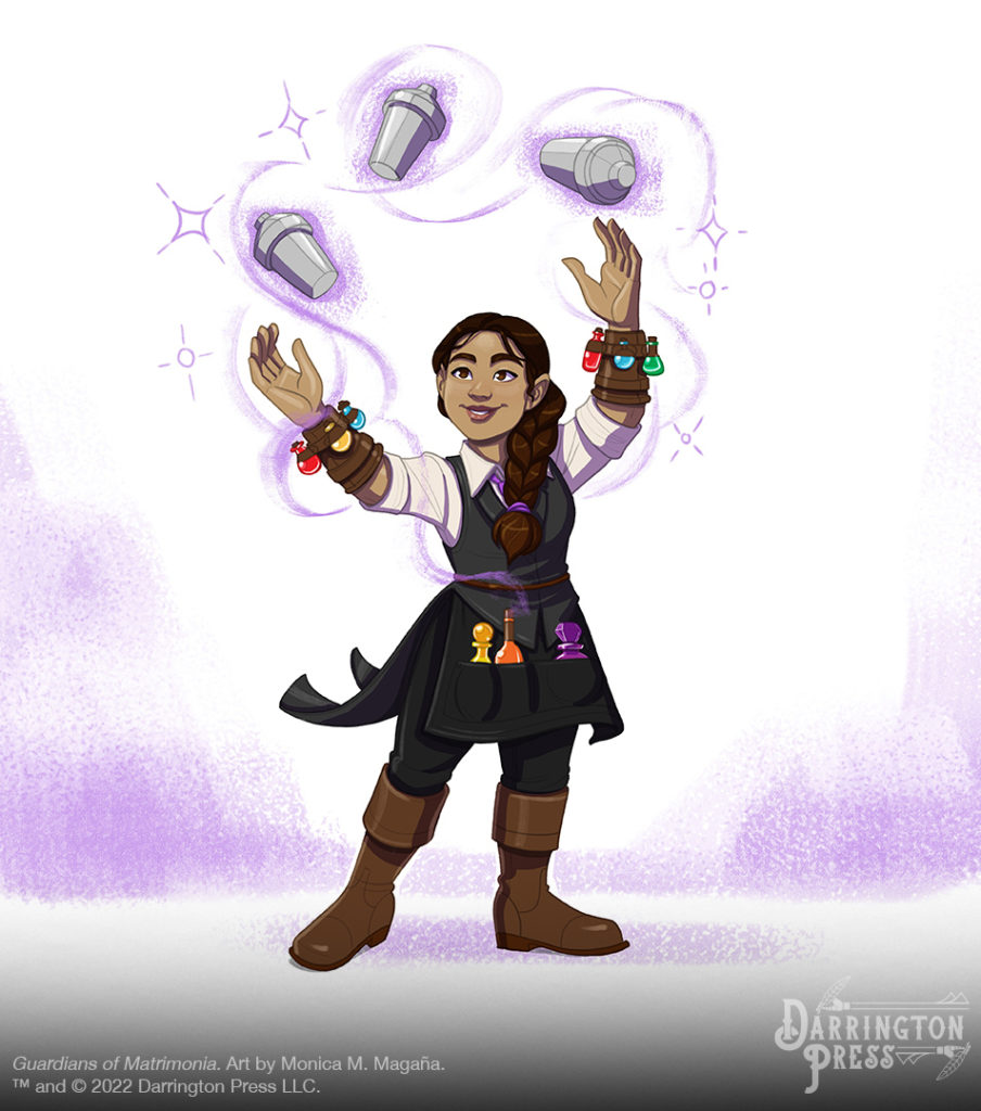 A color illustration of an Ale-Chemist, with an apron and wrist gauntlets holding all manner of potions while they shake three cocktails in the air using magic.