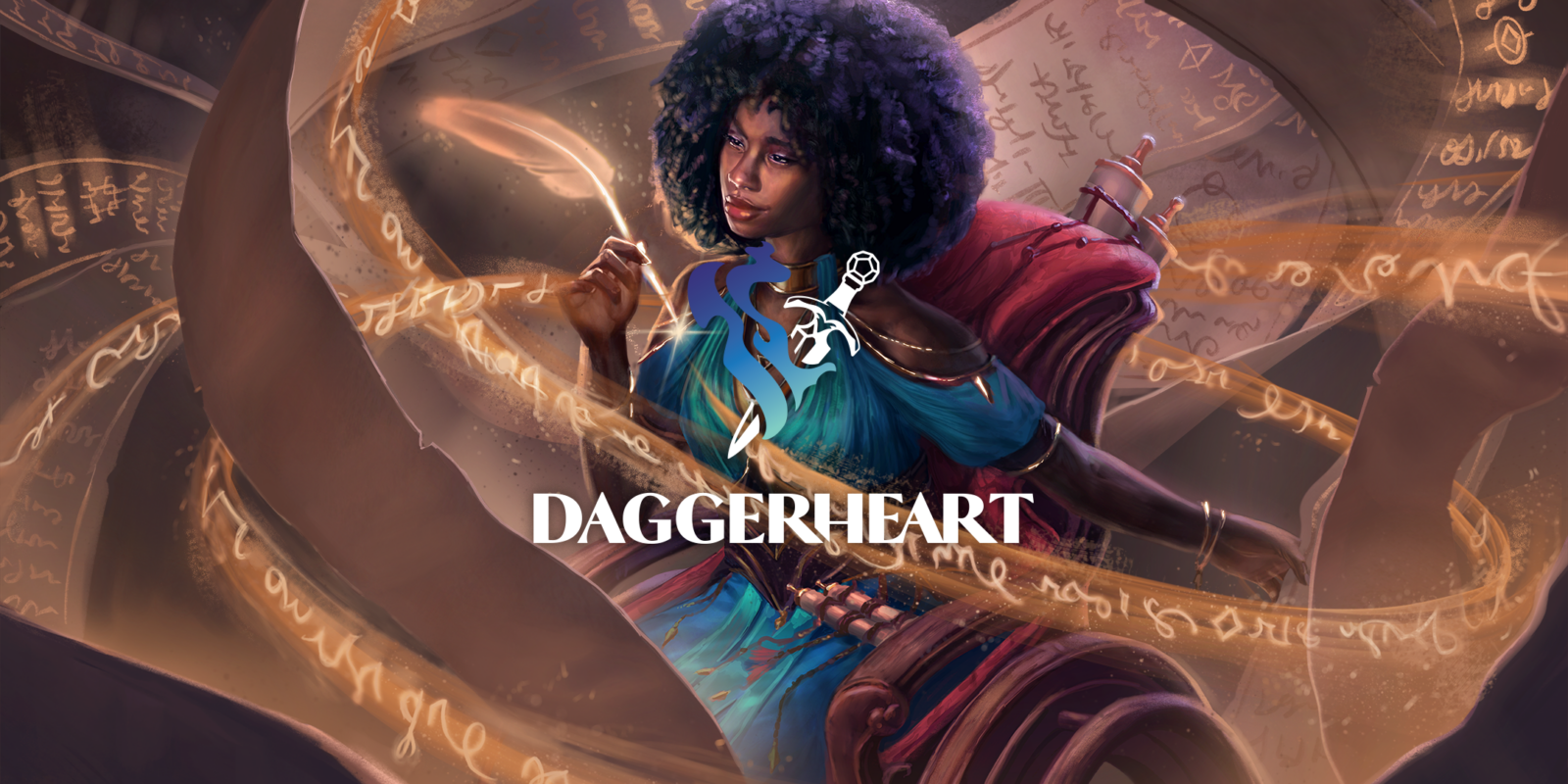 Spellbinding artwork by Nikki Dawes (@nikkidawesdraws) depicts a magic user weaving golden threads together with an enchanted, glowing quill amidst a swirl of handwritten pages and illuminated floating text beneath the stylized dagger and flame logo of Daggerheart